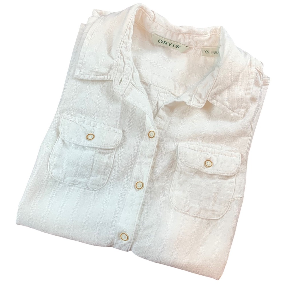 Orvis Womens White Linen Blend Sleeveless Button Down Shirt Stripe XS 3B1F SP22